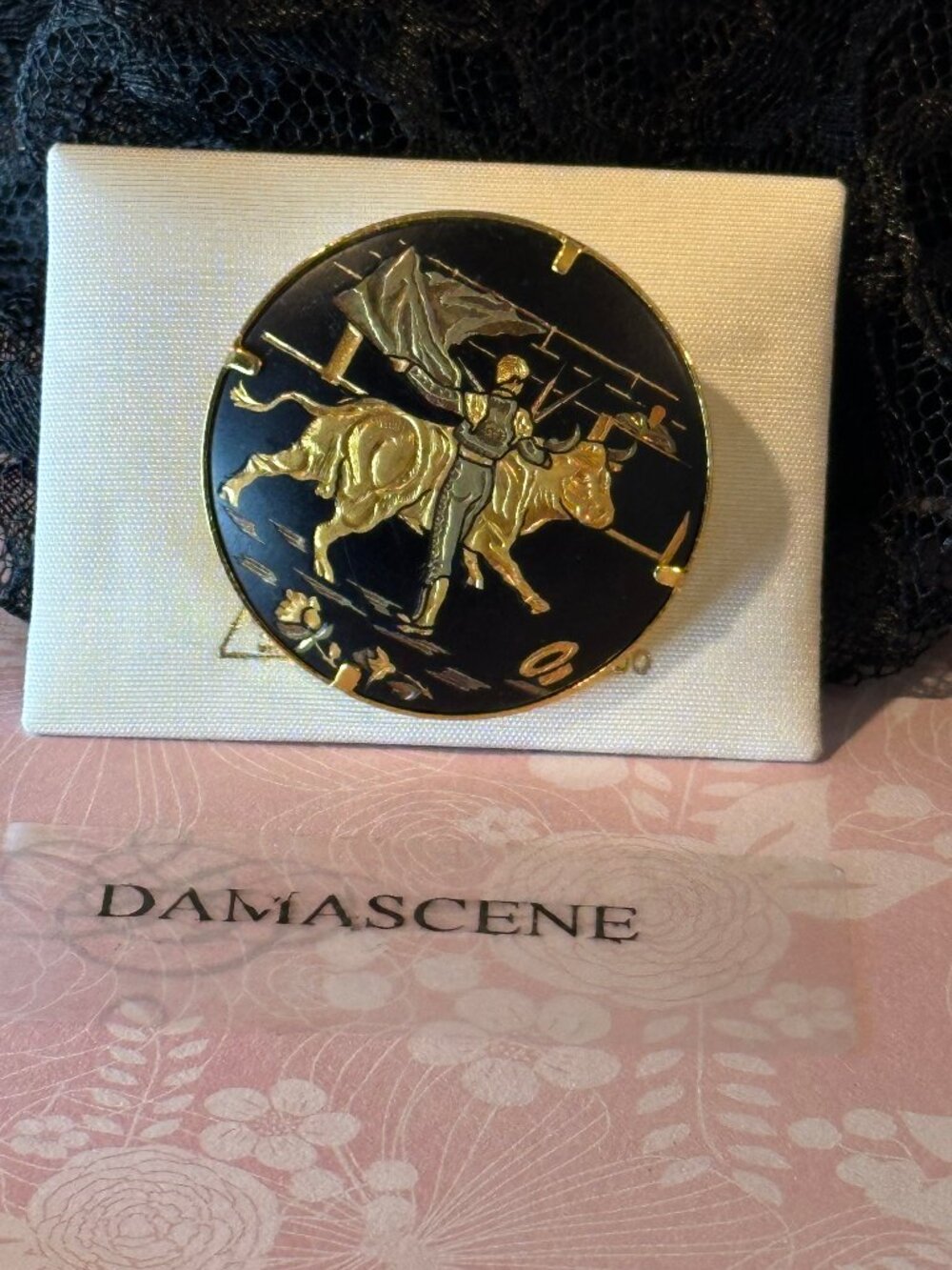 Vintage Damascene Brooch Bull Fight 22k and 24k gold foil Inlaid New Old Stock